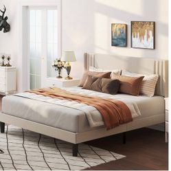 Upholstered Platform Bed Headboard, Bed Frame with Wing-shaped Headboard