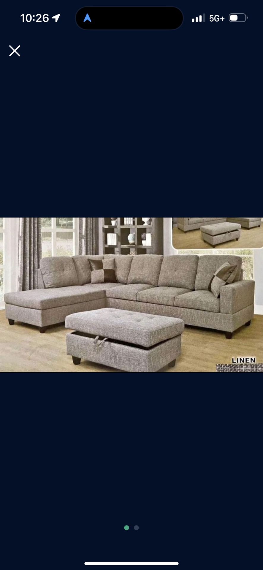 Gray Linen Sectional Couch And Ottoman