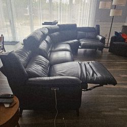 Sectional Grey Leather Sofa with two Power side recliners