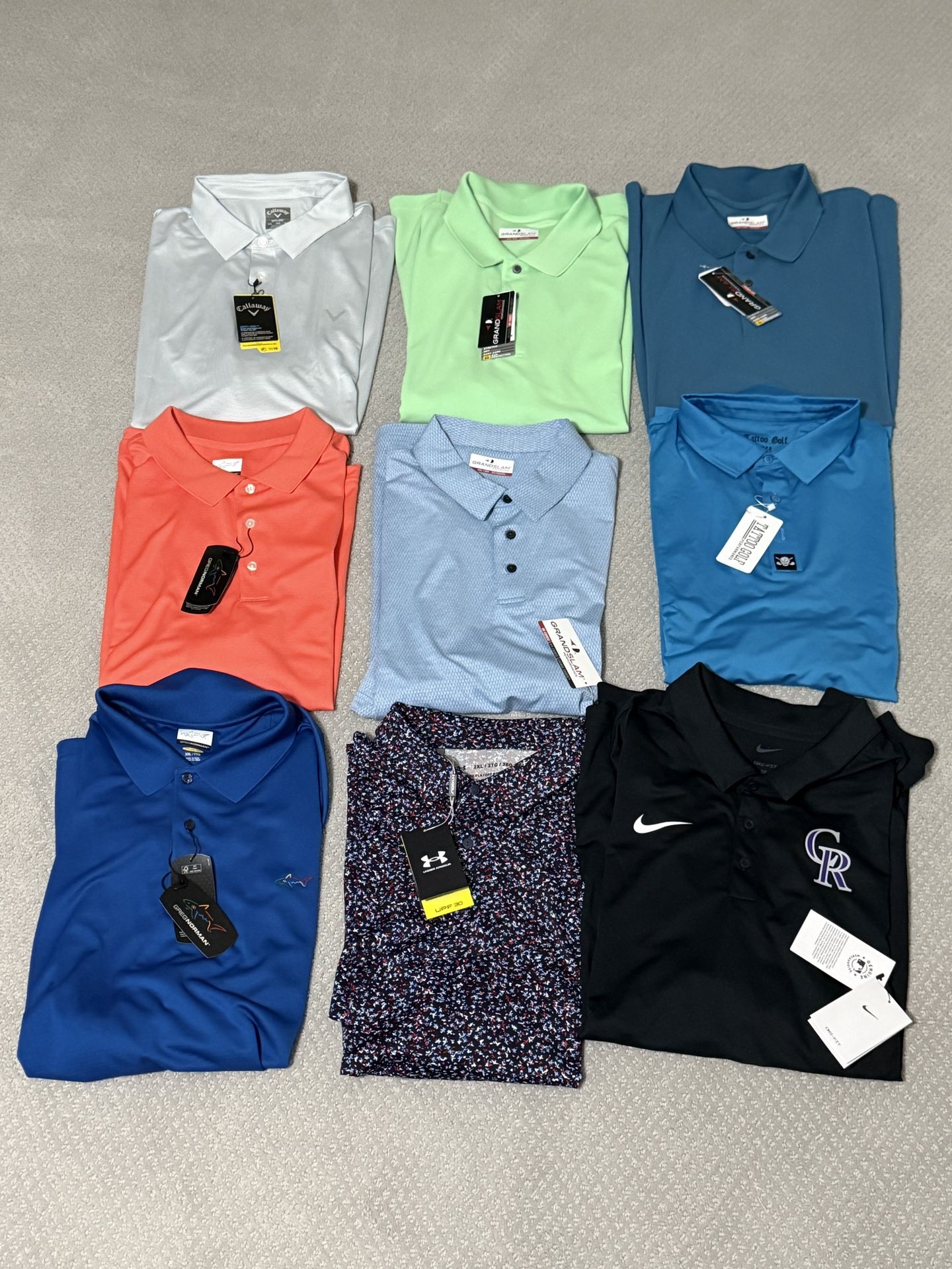 NEW w/ TAGS 9 Golf Shirts XXL 2XL Callaway Greg Norman Nike UA Tattoo Grand slam