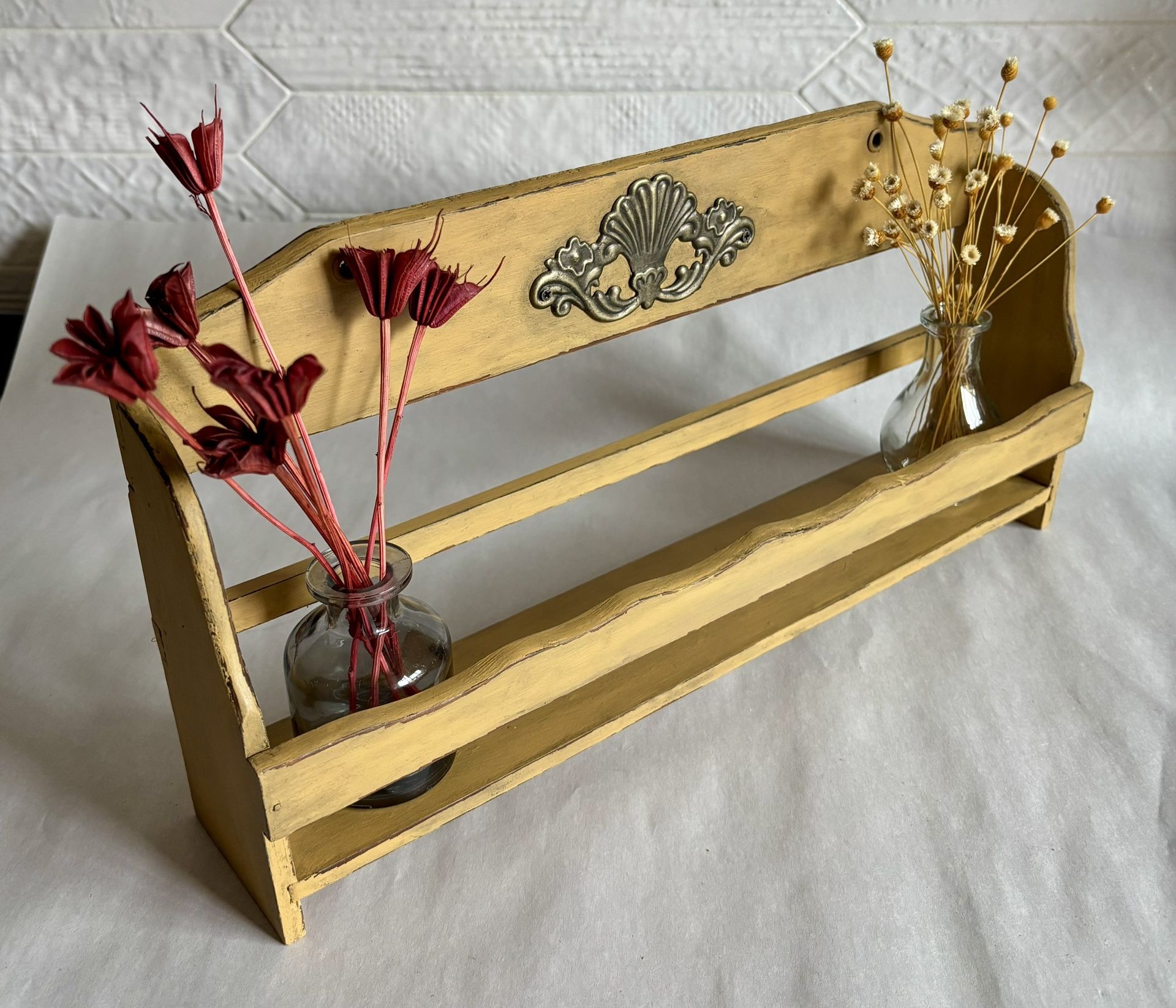 Vintage Upcycled Yellow Wooden Wall Mountable Spice Rack