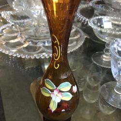 Vintage Amber Hand Painted Vase