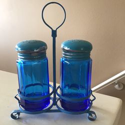 Vintage Blue Glass Salt & Pepper Shakers with Stand, Japan