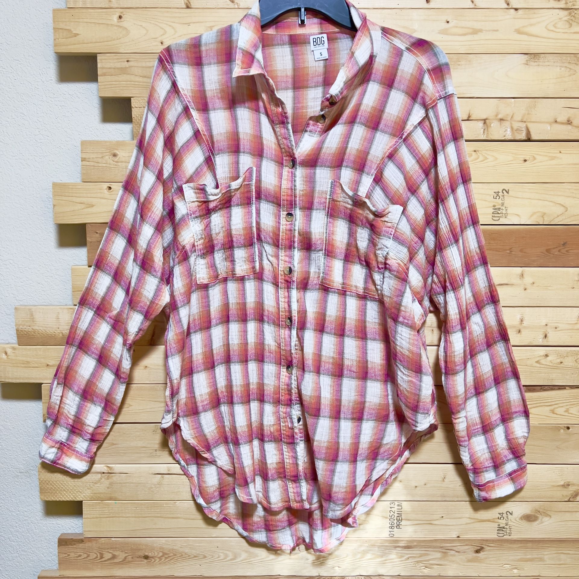 BDG Urban Outfitters Pink Orange Plaid Button Up 100% Cotton Shirt Top Size S