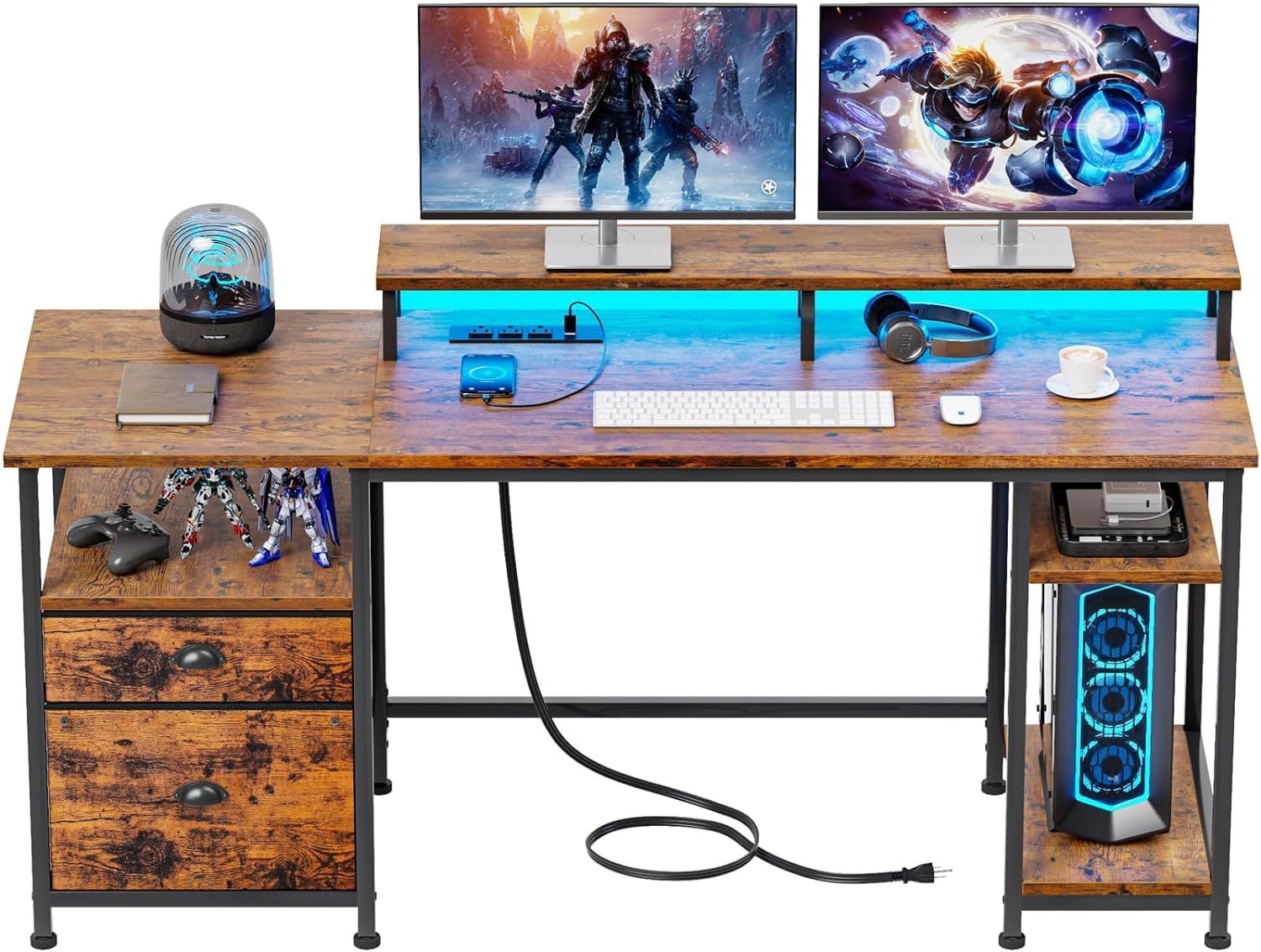 Furologee 61" Computer Desk with Power Outlet and LED Lights, Desk with Fabric File Cabinet Drawer, Large Reversible Table with Shelves and Monitor St