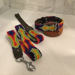 Large 18” Artisan Dog Collar & Leash Set – Handwoven Color Burst