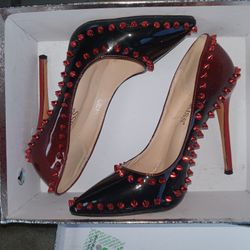 RED  BLACK STUDD SPIKE HEELS PUMPS