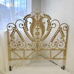 Tan Full Queen Rattan Boho Headboard Bed 