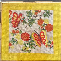 VINTAGE NEEDLEPOINT WITH RAISED 3-D BUTTERFLIES FRAMED IN ACRYLIC HANGING  SHADOWBOX