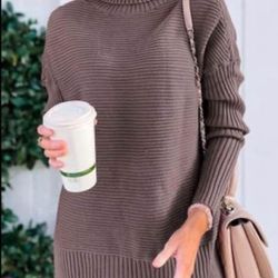 Brandnew Womens Turtleneck Oversized Tunic Fall Sweaters Long Batwing Sleeve SpiltHem Pullover-Small