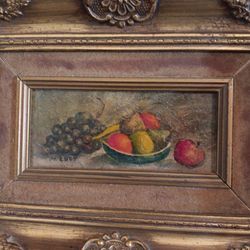 Antique French Oil On Board Fruit Still Life Painting 9"×10". Signed Lower Left & Gallery Label On Back