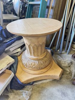 Kreiss Wood Pedestal Side Table Carved Base large glass top
