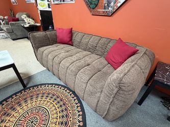 Brown Chenille Channel-Tufted Sofa