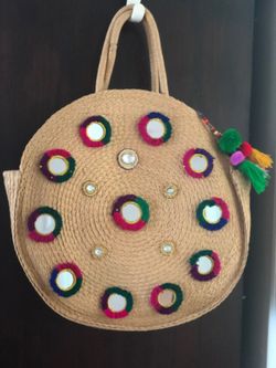 Bohemian mirrored circle straw tote /new / 3 left