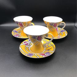 Set Of 3  Abstract Design Tea Cups And Saucers. Made In China.