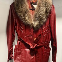 Vintage 1970’s CNF Oxblood Red Penny Lane Leather and Fur Trench Coat