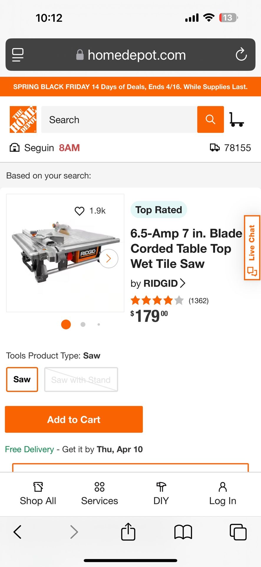 6.5-Amp 7 in. Blade Corded Table Top Wet Tile Saw by RIDGID > (1362)