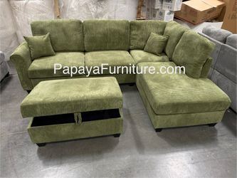 New!106” Plush Sage Sectional And Ottoman, Sectional Sofa,Green couch, Green Sofa, Sectional And Storage Ottoman, Sectionals, Sofa, Corduroy Sectional