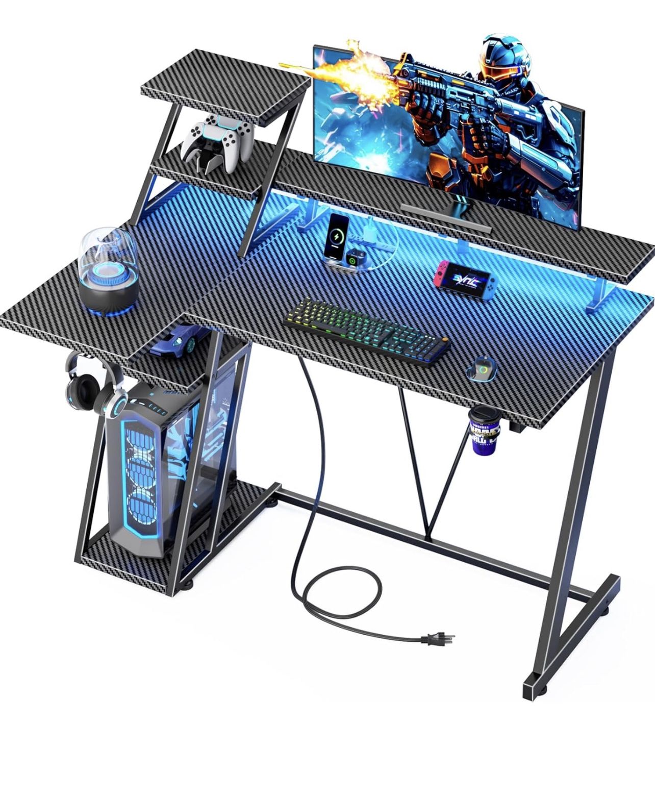 Gaming Desk with LED Lights and Power Outlet
