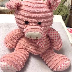 Hugfun 14” Pink corduroy plush pig stuffed animal w/pink + white checkered bow