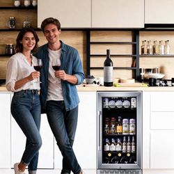 18 inch Glass Door Beverage Refrigerator – 160 Can Mini Fridge for Wine, Beer, Soda, Ideal for Home, Office, or Bar, Under Counter Built-In Design
