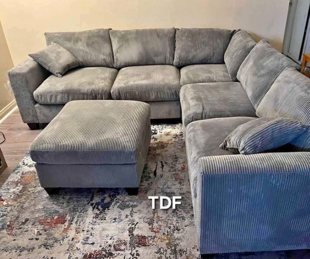 Brand New Grey Corduroy Sectional Sofa Couch +Ottoman (New In Box)