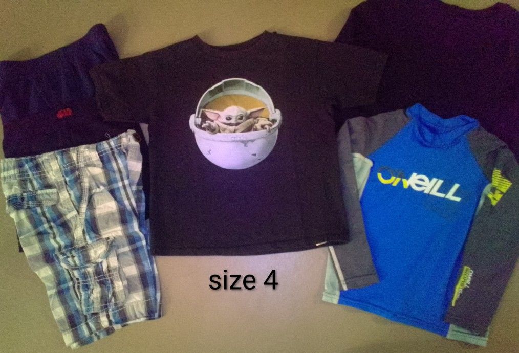 Boy size 4  / 4T Clothing 6-pc LOT- Yoda Tee w/Star Wars Shorts, O'Neil UVA top, Shirt, Shorts