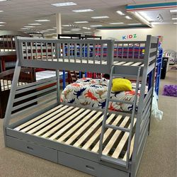 NEW🌲$10 Down Payment Finance 😎 California Gray Twin / Full Bunk Bed With 2 Drawers 
