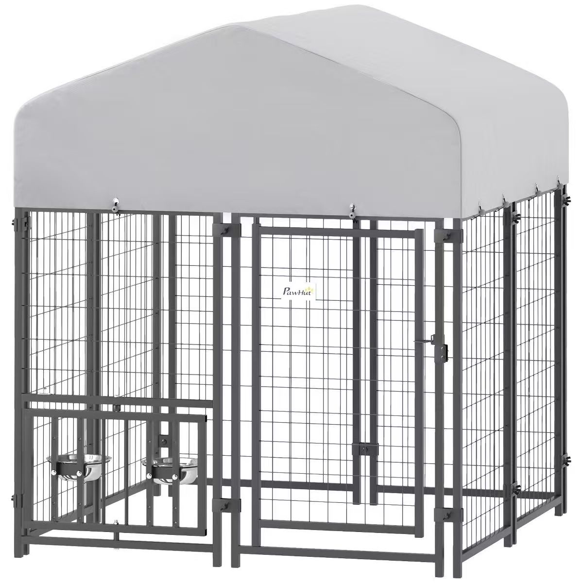 Outdoor Dog Kennel, Welded Wire Dog Run with 360° Rotating & 4 Levels Adjustable Bowls, Waterproof & UV Resistant Cover, 3.9' x 3.9' x 4.5'. $100