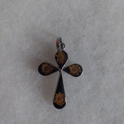 Sterling Cross With Inlaid Flowers