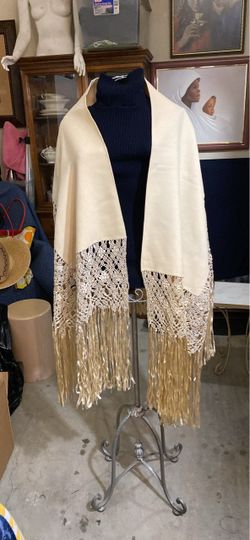 Cream Wool Scarf/ Silk Ribbon Fringe