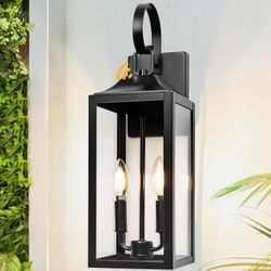 Black Dusk to Dawn Outdoor/Indoor  Wall Lantern 2-Light, 19" Large Modern  Sconce Light Fixture with Glass