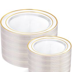 200 Piezas de Platos de Plástico Dorados Transparentes - Platos Desechables para Fiestas, Plato Dorado Desechable Incluye 100 Platos de Cena y 