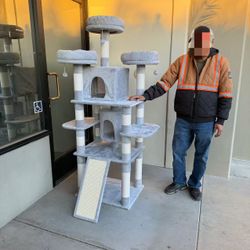 New In Box 69 Inch Tall Cat Tree Pet House Scratcher Playing Scratching Post Good For Large Cats Or Kitten Light or Darker Gray Color 