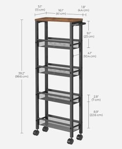 VASAGLE Slim Rolling Cart 5-Tier Storage Narrow Carts w/ Handle - Brown