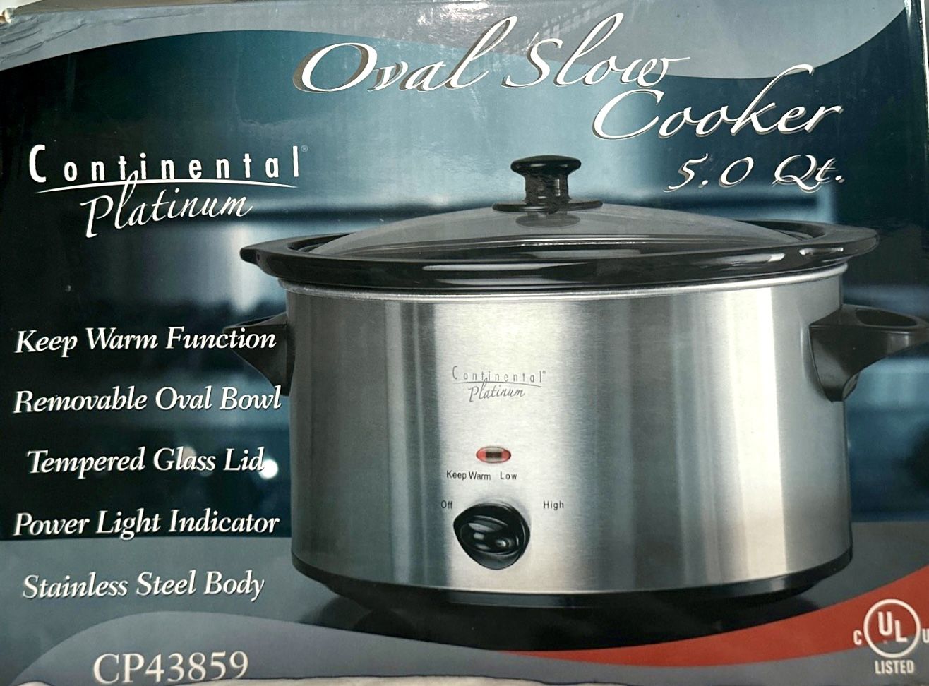 Continental Platinum Oval 5 Quart Slow Cooker. Stainless Steel Body~New in Box.