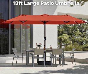 13FT Double-Sided Patio Umbrella with 48 Solar LED Lights, Large Rectangular Outdoor Market Umbrella with Crank Handle, Vented Canopy, Heavy-Duty 12 R