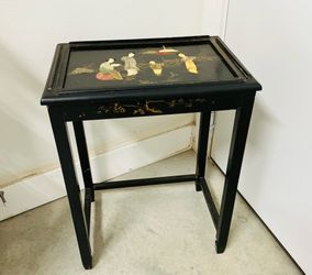 Vintage Black Lacquer Chinoiserie Side Table- Hand Painted Asian scene.
