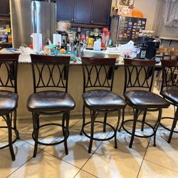 set of 5 slightly used leather dark chocolate brown counter height bar stool 