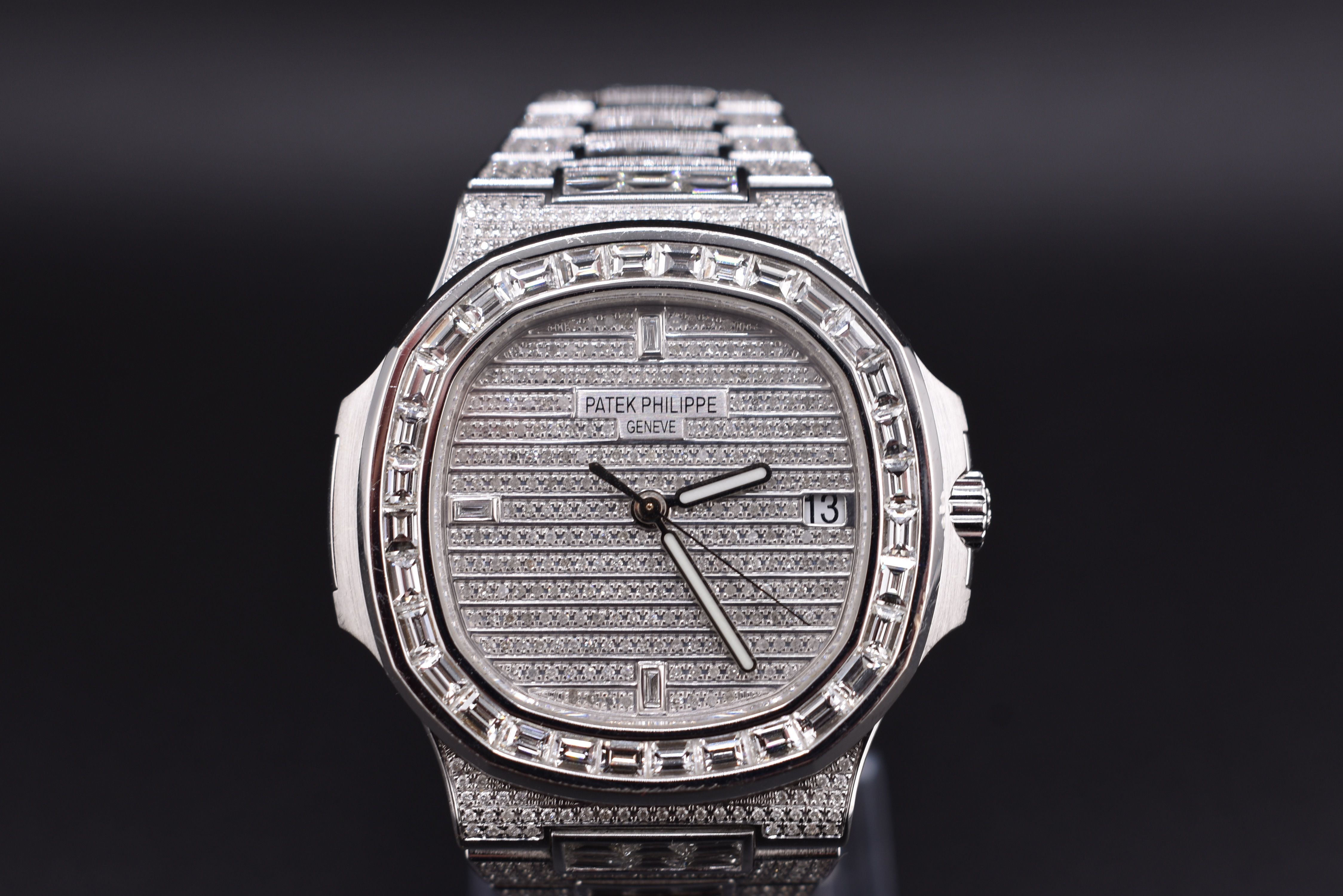 Patek Philippe 18k White Gold Nautilus Aftermarket Full Natural Diamonds - 5711