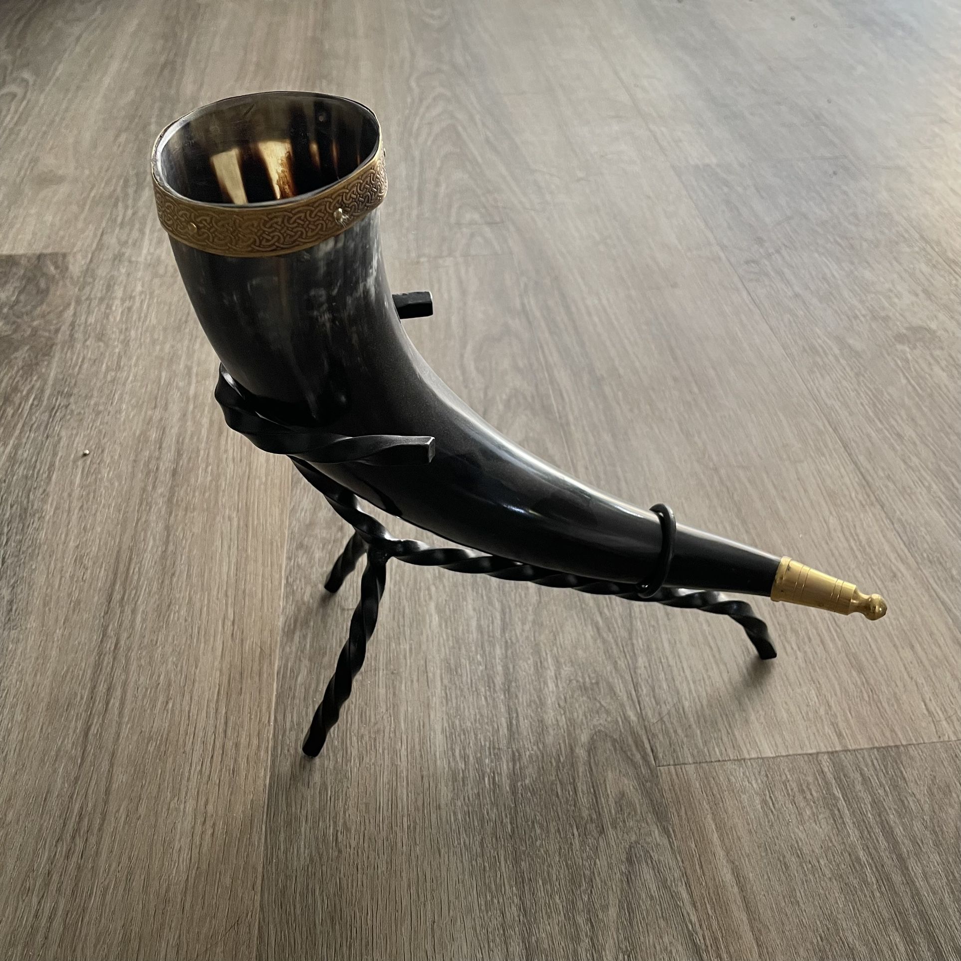 Brass Adorned Metal Drinking Horn