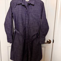 Zara Women's Blue Long sleeve Button Up Dress with brown belt Size M 8/10