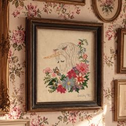 Vintage 1980’s "Unicorn Floral" counted cross-stitch Wall Hanging Wooden Framed Handcrafted Art 12” 