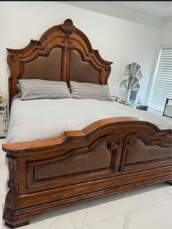 King Size Ornate Wood and Leather Panel Bed Frame