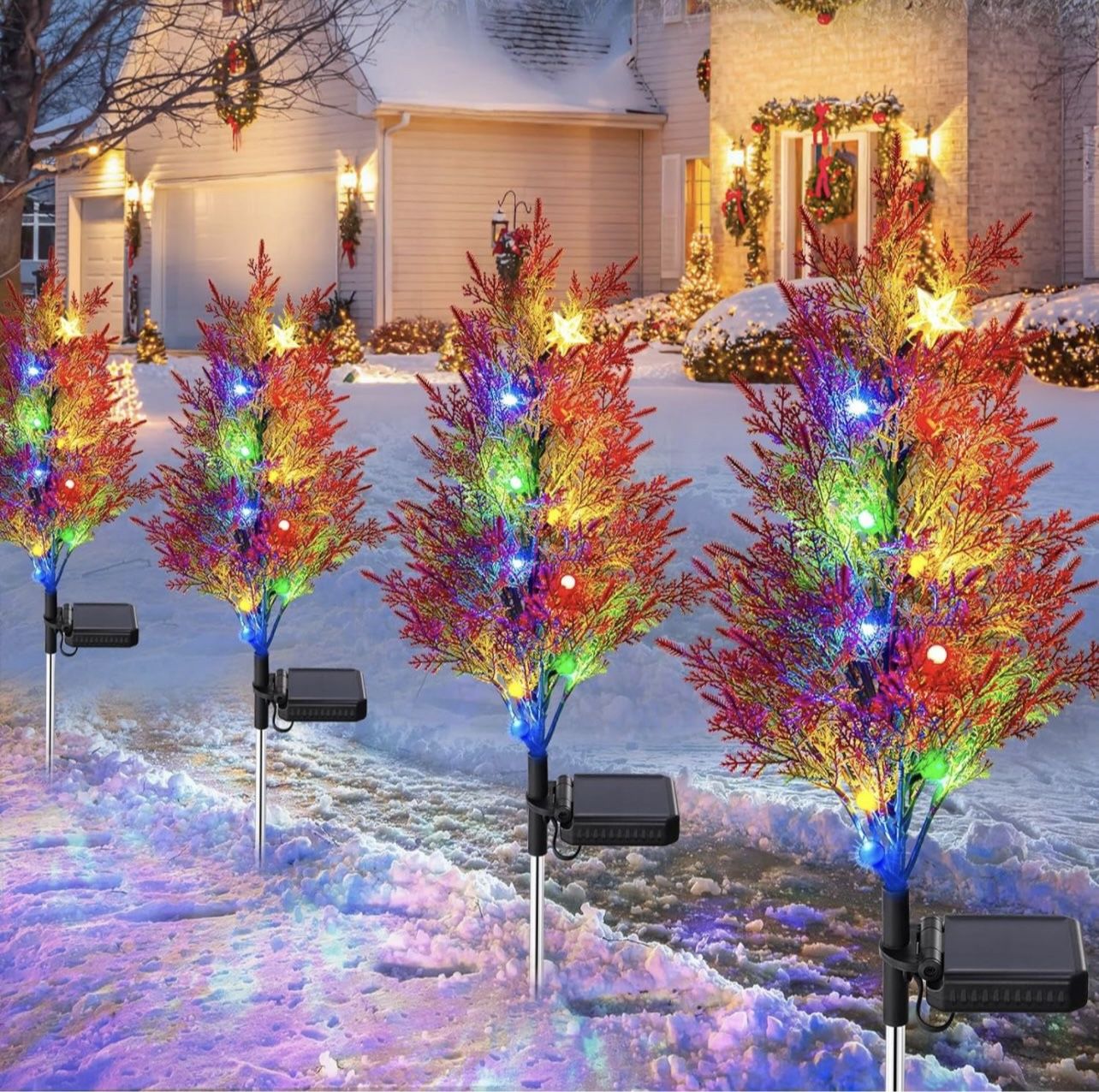 Christmas Decorations Outside, 4 Pack Solar Christmas Tree Lights Outdoor Waterproof, Multi-Color Xmas Tree Christmas Pathway Lights for Solar Outdoor