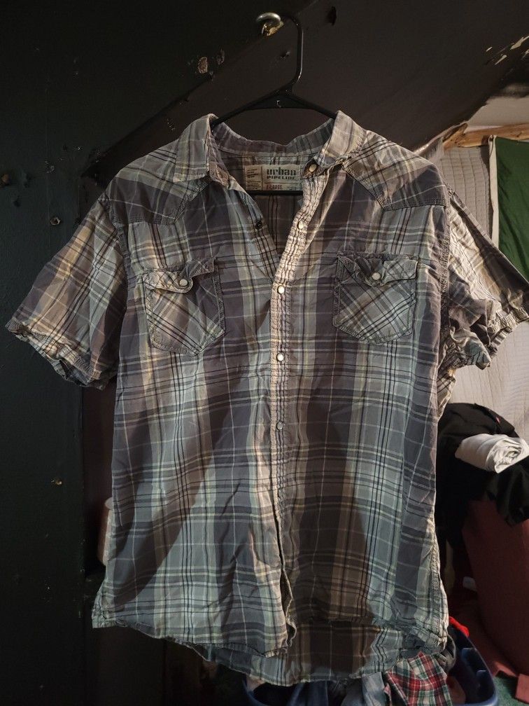 Urban Pipeline Men's XL Plaid Short Sleeve Western Pearl Snap Shirt Gray/Blue