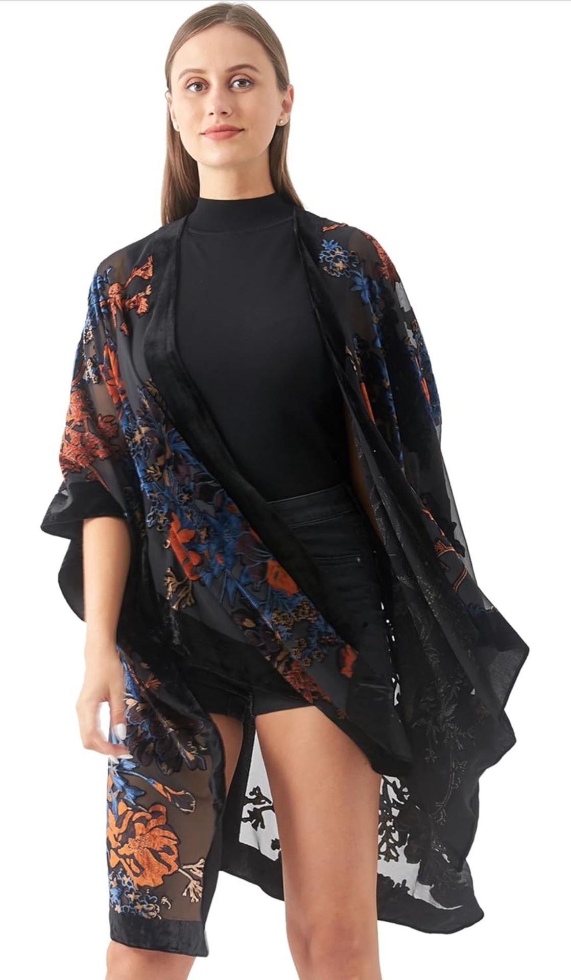 Burnout Velvet Kimono Long Cardigan Cover Up Without Tassel (Black/Bord