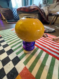 Amber Glass Globe Vase on Blue Glass Base