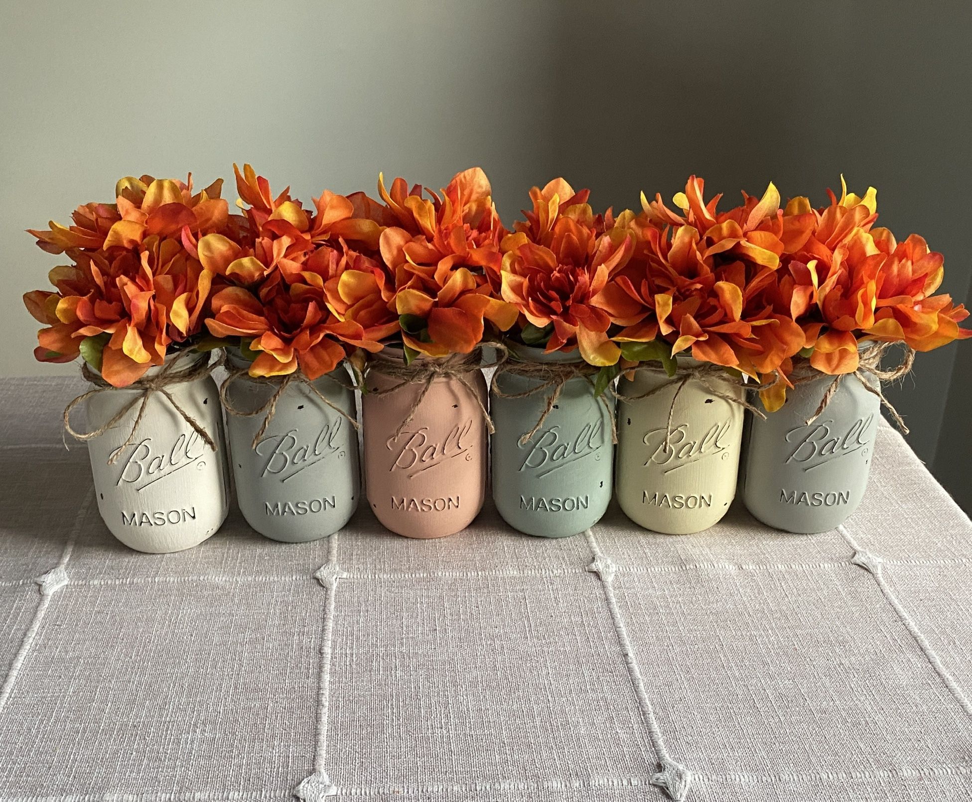 Chalk Painted & Distressed Mason Jar Vases w/faux Greenery/Flowers Included 6 for $30