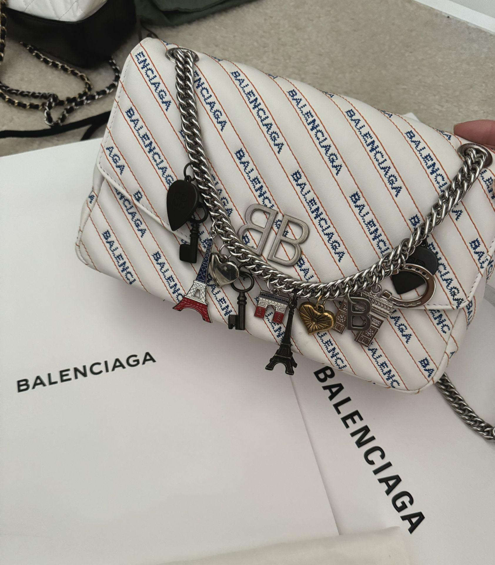 BALENCIAGA White & Blue BB Charm Bag